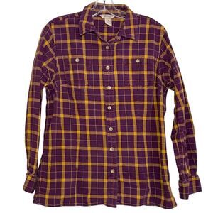 Duluth Trading Flannel Shirt M Purple Orange Plaid Cotton Button Up